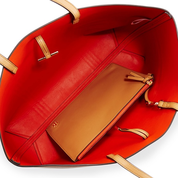 Tory Burch Block-T Striped Leather Tote Bag Crema - Picture 2 of 8